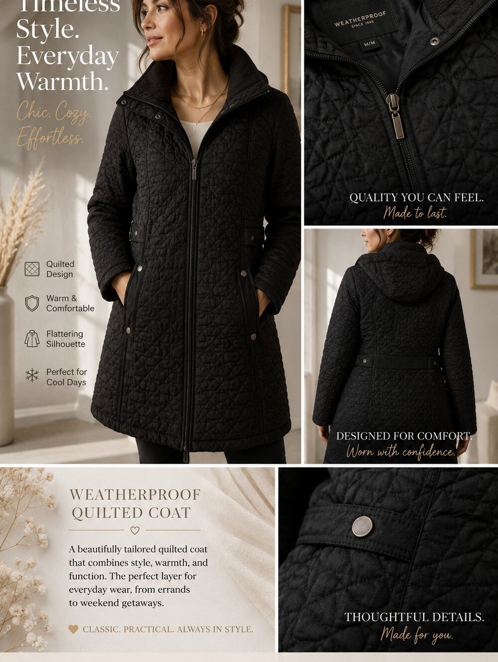 Black Weatherproof Quilted Coat with Hood